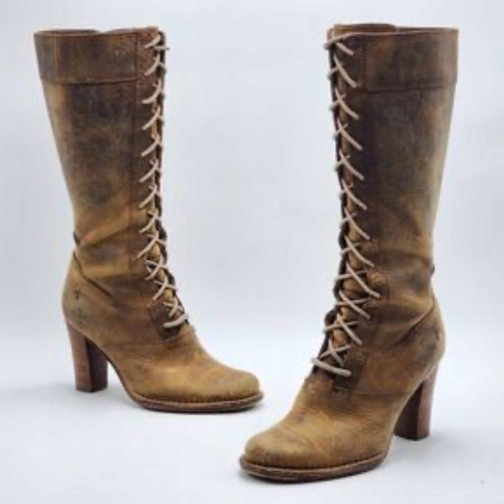 FRYE Vintage Villager Lace-Up Leather Boots in Distressed Brown